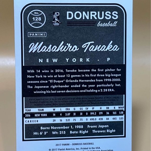 2017 Panini Donruss Gold Masahiro Tanaka Serial 59/99 New York Yankees Card #128 - Picture 6 of 6